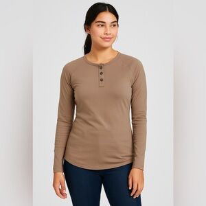 Alpha Forward Women’s Fitted Henley Top‎ - Size Large Taupe Brown New